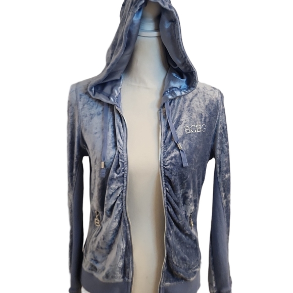 Vintage 90s Y2K BCBGMaxazria Rhinestone Velour Zip Up Hooded Track Jacket Blue - Picture 9 of 16